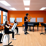 A modern music classroom with students learning various instruments, emphasizing hands-on experience and digital platforms, reflecting changes in the music education curriculum.