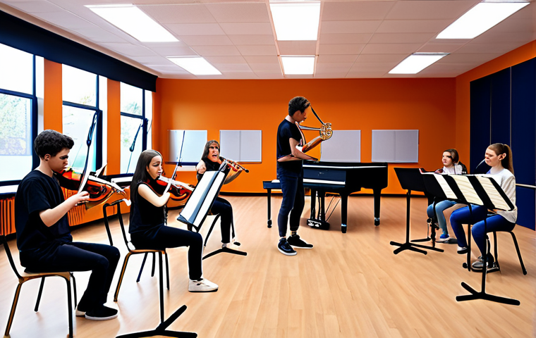 A modern music classroom with students learning various instruments, emphasizing hands-on experience and digital platforms, reflecting changes in the music education curriculum.