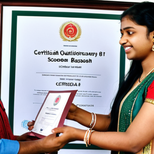A Bangladeshi music student receiving a certificate from a prestigious local music school, highlighting the importance of domestic certifications in Bangladesh. The scene should be vibrant and celebratory.