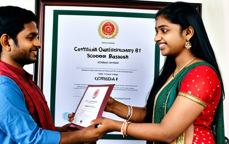 A Bangladeshi music student receiving a certificate from a prestigious local music school, highlighting the importance of domestic certifications in Bangladesh. The scene should be vibrant and celebratory.