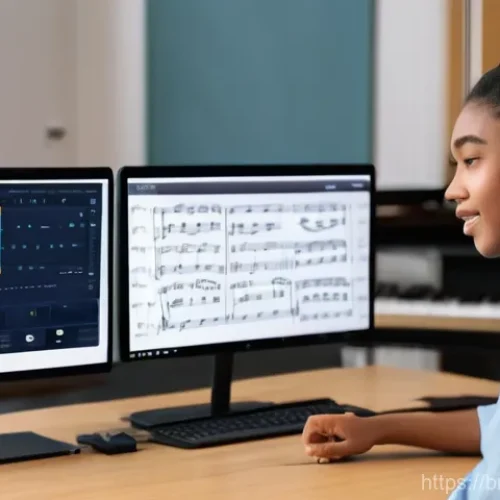 Home 17 음악이론 전문 강사가 되기 위한 팁 - **Prompt:** A modern, well-lit online classroom scene. A friendly and engaging female music theory i...