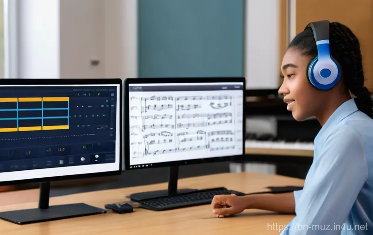 음악이론 전문 강사가 되기 위한 팁 - **Prompt:** A modern, well-lit online classroom scene. A friendly and engaging female music theory i...