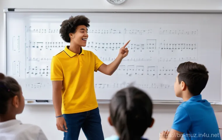음악이론 전문 강사가 되기 위한 팁 - **Prompt:** A close-up of a bright, contemporary desk where a male teenager, wearing a casual long-s...