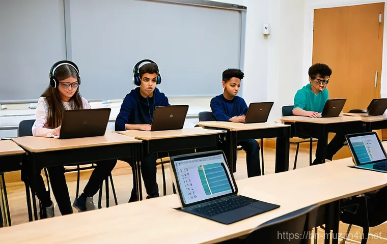 음악이론 시험 최신 트렌드 - **Prompt:** A diverse group of young students, aged 15-18, are actively engaged in an online music t...